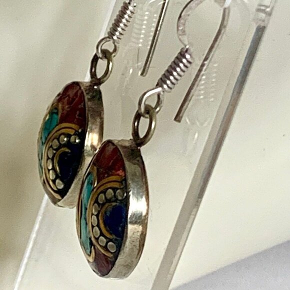 Turquoise Lapis and Coral Nepalese Earrings - Picture 3 of 6